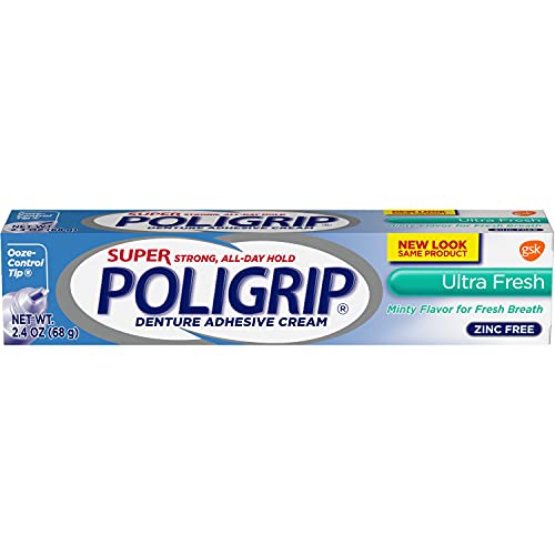 Super Poligrip Denture Adhesive Cream - 2.40 ounce (86 grams) - Ultra Fresh Flavor - Zinc Free -