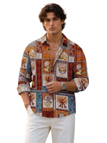 Image of Mens Cotton Cat Printed Shirt Collar Neck Full Sleeves Casual Shirt Regular Fit Button Down Shirt