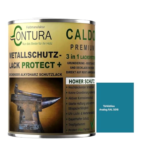 Contura 3in1 Rostschutzfarbe Metallschutzlack Glänzend RAL Metall Lack Farbe Grundierung (RAL 5018 Türkisblau, 500ml.)