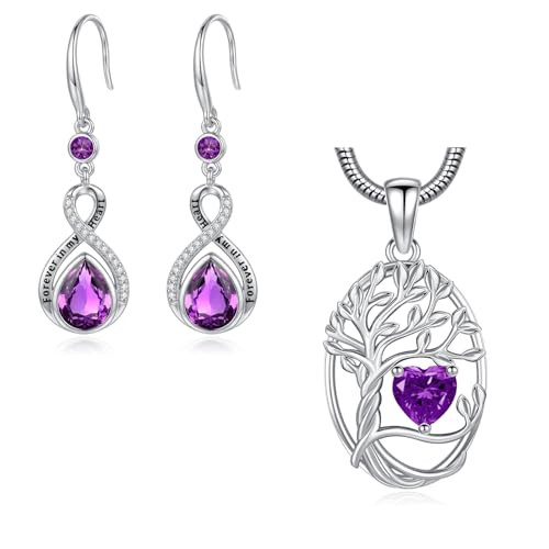 Collier Arbre de Vie Boucles d'Oreilles Infini Améthyste Goutte d'Eau