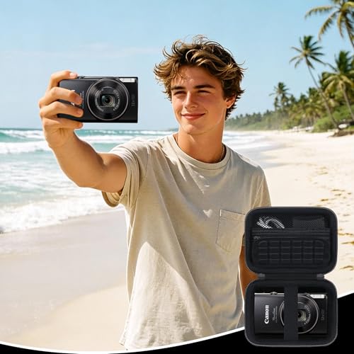 Image of Camera Case for Canon PowerShot ELPH 360 HS A, IXY 650 /ELPH 360 Camera Protective Case Storage Holder Travel Bag with Wrist Strap, Mesh Pocket for Battery Pack, USB Cable, Black