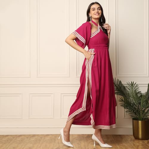 Image of DEEBACO Women's Solid Rayon Slit Ankle Length A-Line Dress|Sleeveless|Halter Neck|Casual Trending Fashion Long One Piece Dresses Women Western