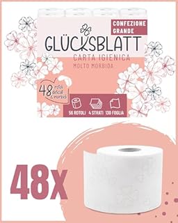 Glücksblatt Carta igienica vellutata, 4 strati, 48 rotoli x 130 fogli, 100% cellulosa, carta igienica super morbida con goffratura fortunata, carta igienica, ideale per campeggio, confezione da almeno