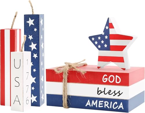 4th of July Decorations Patriotic Memorial Day Decor, Tabletop Wood Faux Book Stack Star Sign Firecracker Table Centerpieces Red White and Blue Farmhouse Decor for Tiered Tray Home Office Shelf Mantel