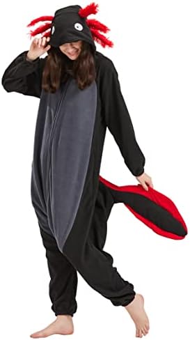DELEY Unisex Axolotl Onesie Pajamas Cosplay Adult Animal Costume Plush Homewear Sleepwear Jumpsuit Black Axolotl