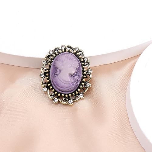 Image of Rhinestone Lady Portrait Statement Brooch for Women Vintage Cubic Zirconia Beauty Cameo Lapel Pin Beautiful Crystal Figure Round Brooch Jewelry Gifts