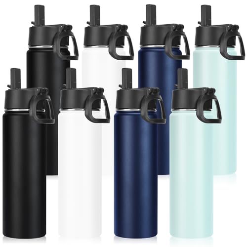 Neihepal 22 oz Insulated Water Bottles Bulk, Stainless Steel Water Bottles Bulk with Leak Proof Straw Lid, Wide Mouth Double Walled Vacuum Keeps Cold and Hot(Mix,8 Pack) by Neihepal - Used condition - US$51.55