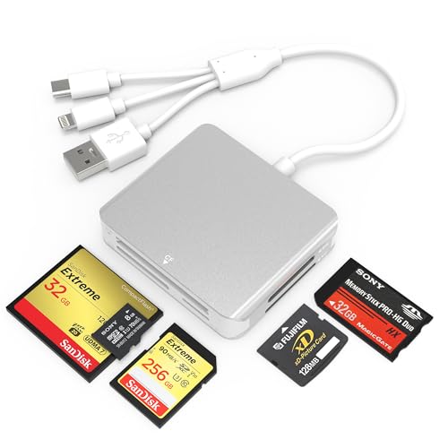 5-in-1 Kartenleser,SD/TF/MS/CF/XD Kartenlesegerät für iPhone/iPad/PC,Lightning+USB A+USB C Memory Stick Pro Duo Adapter,Aluminium Speicherkartenleser USB C Lightning OTG Adapter,Plug-and-Play