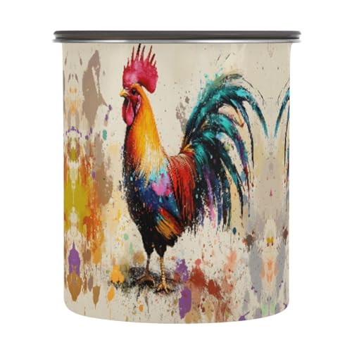 Quteprint Recipientes de almacenamiento de café de acero inoxidable con tapa hermética, diseño de gallo de animales de acuarela de 17 onzas, recipiente de almacenamiento de alimentos para té, granos