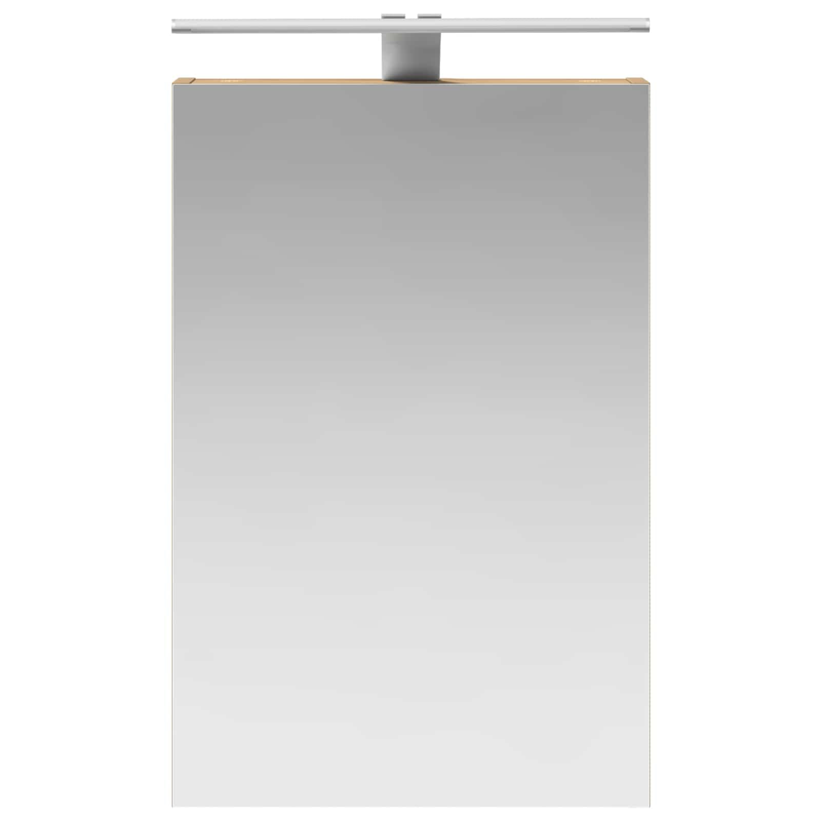 Armario con espejo de baño con estante y puerta en madera de roble artesanal, 40 x 10,5 x 60,5 cm, con tiras LED y espejo de dos vías para muebles de baño, espacio de lavado, espacio de