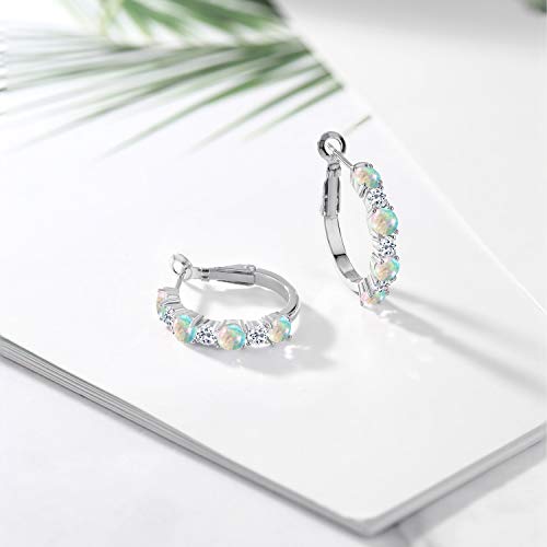 Gem Stone King 925 Sterling Silver White Opal and White Topaz Hoop Earrings For Women (2.84 Cttw, Gemstone October Birthstone, Round Cabochon 4MM and 3MM)4