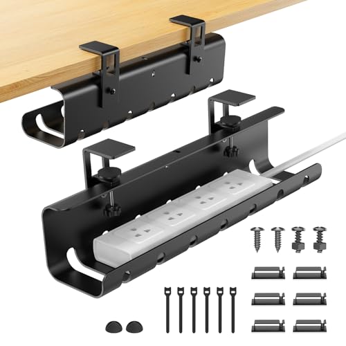 Under Desk Cable Management Tray No-Drill 2 Pack 16.9‘’ Wire Cord Organizers, Cable Management Under Desk for Home and Office No Damage Black