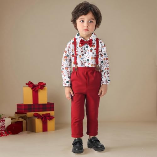 Image of Boarnseorl Baby Boys Pants Sets, Infant Long Sleeve Shirt + Pants + Bow Tie + Suspenders Outfits