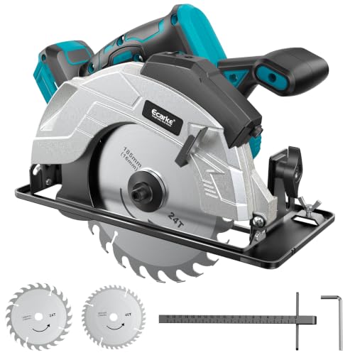 Ecarke Akku-Handkreissäge kompatibel mit Makita 18 V Akkus, ohne Akku | 5000 U/min, 66 mm Schnitttiefe, Schnittwinkel 0-45°, mit Sägeblatt 165 x 20 mm, werkzeuglose Tiefen- und Winkeleinstellung