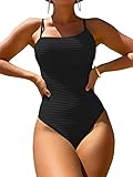 MakeMeChic Women's Ribbed Knit High Cut One Piece Swimsuit Bathing Suit Black M