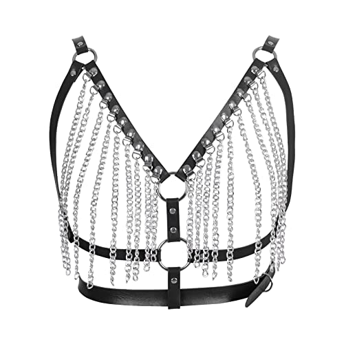 PETMHS Damen Leder Geschirre Harness Körper Kette Schmuck Geschirr Punk-Haut-Body für Gothic Brustgurte Brust Gürtel Taille Cupless Lingerie (Schwarz S57)