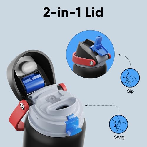 Image of Insulated Water Bottle with Straw - Encool Stainless Steel Water Bottle with Push Button Lid, Leak-Proof & BPA-Free, Keeps Cold for 24 Hours for Sports, Travel, Gym (32 oz, Oil Black)
