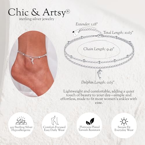 Image of CHIC & ARTSY 925 Sterling Silver Ankle Bracelets for Women, Adjustable Layered Foot Chains with Nature & Symbol Charms, Lightweight Comfort Fit Boho Beach Everyday Jewelry