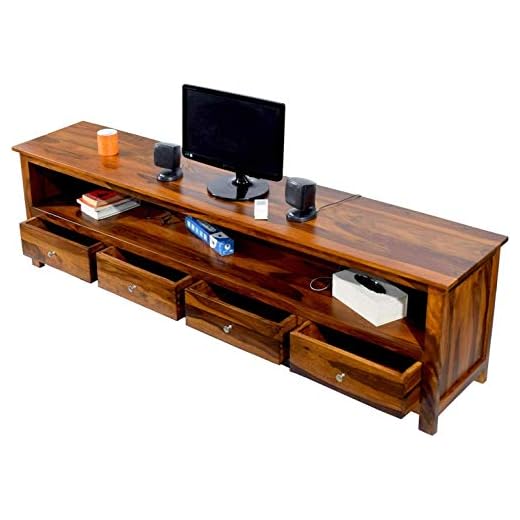 UNITEK FURNITURE Sheesham Wood Multipurpose Entertainment TV Unit Cabinet with 4 Drawer and 1 Shelf Storage for Home Living Room Solid Wooden Furniture for Hall Office Décor (Natural Finish)