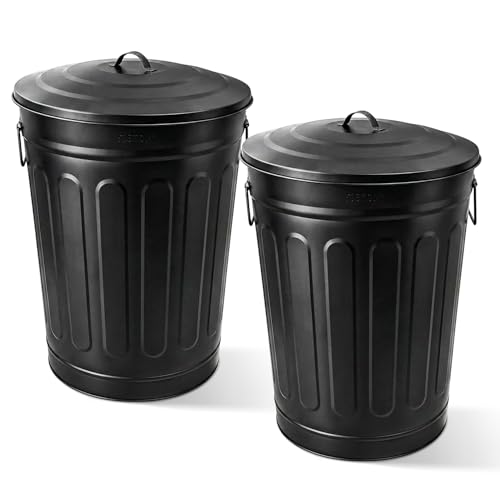 Image of Plexon Metal Trash Can with Lid 13 Gallon, Decorative Outdoor Trash Can Heavy Duty Galvanized Metal Bucket with Lid for Garage Workshop Storage Farmhouse, Black 2 Pack