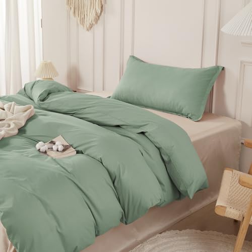 SAPHREAS 100% Washed Cotton Duvet Cover Twin Size Set, Linen Like Comforter Cover with Zipper Closure & Corner Ties (No Comforter), 68x90 Sage Green