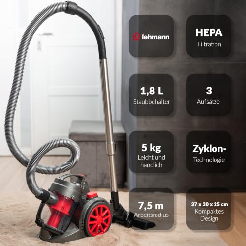LEHMANN Zyklon Staubsauger beutellos Tinosa 4000 | Bodenstaubsauger mit Zyklontechnologie | Zylinder-Staubsauger mit Düsensatz | Hochleistungskraft, HEPA-Filter, 1,8 L – Bild 4