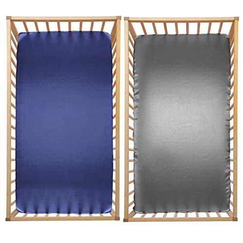 Image of SiinvdaBZX 2 Pcs Satin Mini Crib Sheets 38 x 24In, Grey & Navy | Silk-Like Soft Mini Portable Crib Sheets Mattress Cover Portable Playard Sheets with 5In Deep Pocket, Great for Baby Hair