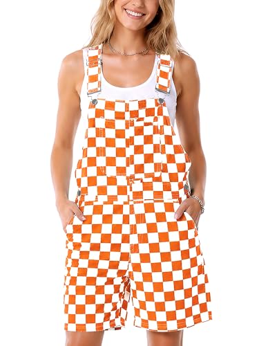 Magrank Men Checkered Bid Coveralls Fashion Breathable Denim Overalls Orange White Plaid Jumpsuit Shorts 3XL