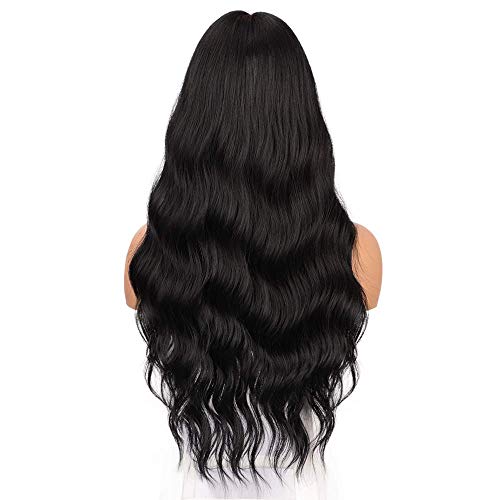 Long Black Wavy Wig with Bangs for Women Synthetic Wigs Natural Looking Realistic Wigs Hair for Daily Party Cosplay Use