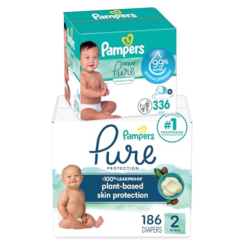 Image of Pampers Pure Protection Disposable Baby Diapers Size 2, One Month Supply (186 Count) with Aqua Pure Baby Wipes, 6X Pop-Top Packs (336 Count)