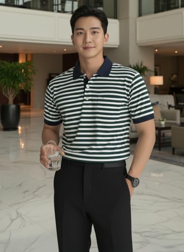 Image of MACK JONNEY Men's Cotton Polo T-Shirt | Regular Fit | Short Sleeve | Striped Casual Wear | Pack of 2 -MJ-1