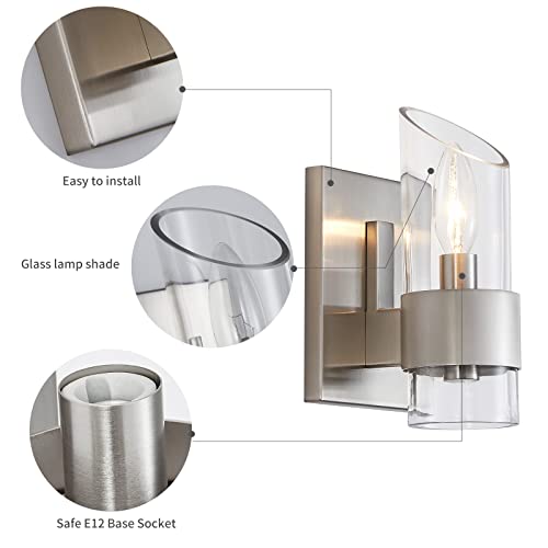 Image of WUZUPS Set of 2 1-Light Bathroom Wall Light Fixture Over Mirror Class Shade Morden Vanity Scones for Bathroom Bedroom Living Room, E12 Base, Brushed Nickel