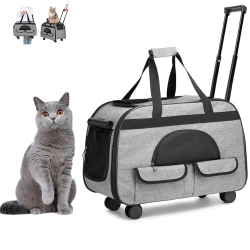 Large Rolling Cat Carrier with on Wheels, Small Dog Pet Car Travel Carrier Collapsible Bag with Rollers Wheels, Carrier for Cats Up to 35 LBS/Dog Puppy Under 16 LBS (Large Size, Not for Airplane) (L1)