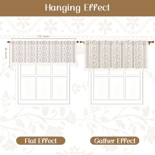 Image of Yinhua Boho Valance Curtains Vintage Linen Kitchen Valances for Windows Light Filtering Bohemian Floral Valance Rod Pocket Tassel Window Valances for Bathroom Cafe, 52 inch W X 18 inch L, White Beige