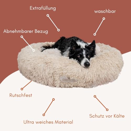 pfoten&nasen® Wolke 7 Hundebett S [Beige, 65 cm] – Flauschiges Donut-Kissen für kleine Hunde & Katzen – Waschbar mit abnehmbarem Bezug