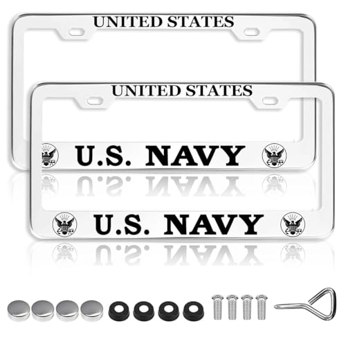 2 PCS for License Plate Frames for US Navy 2-Hole Premium Silver Aluminum Alloy fit for USN License Plate Holder Applicable to Standard US License Plate Cover