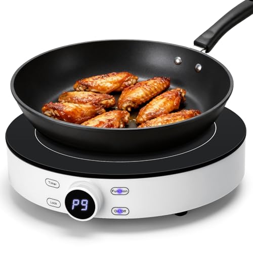 Aigostar Placa de Inducción Portátil 1 Fuego Cookmate, 2000W de Potencia en 9 Niveles, Display Táctil, Temporizador, Bloqueo para niños, Diseño en Cristal de Alta Resistencia, LED-Display, 26 cm