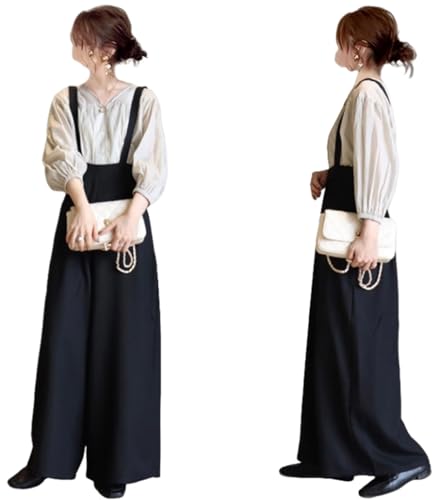 [YUANYUAN] サロペット レディース オールインワン ロングパンツ ワイドパンツ オーバーオール 夏服 長ズボン ロング丈 ブラック カジュアル ゆったり 可愛い 体型カバー 通学 通勤 大人 学生 普段着 春夏 (ブラック,M,M)のサムネイル