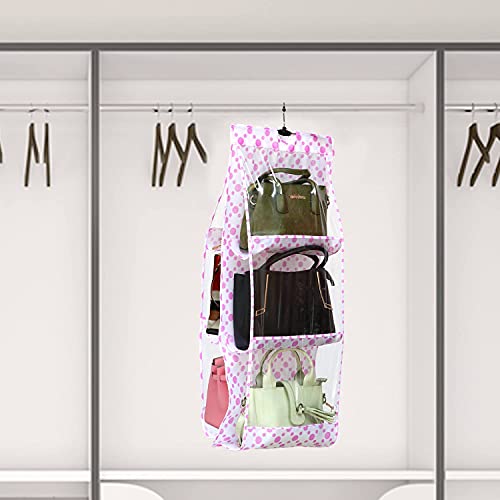 Pink Pari 6 Pocket Foldable Hanging Purse Handbag Organizer for Storage Ladies Women Large Clear Hand Bag Storage Organizer Closet Tidy Wardrobe Rack Hangers Holder for Fashion Handbag Purse Pouch