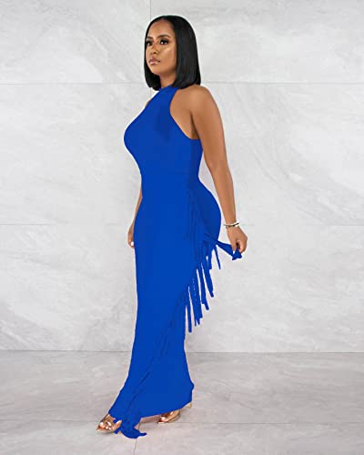 Image of YUEWOO 2 Piece Outfits for Women Sexy Crop Top Ruched Bodycon Maxi Dresses Fringe Skirt Sets Night Club Jumpsuits