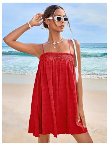 Image of MakeMeChic Women's Babydoll Dress Sleeveless Swing Shirred Mini Dresses | Beach, Summer, Sundress, Ruffle, Casual Dress, Flowy Dress