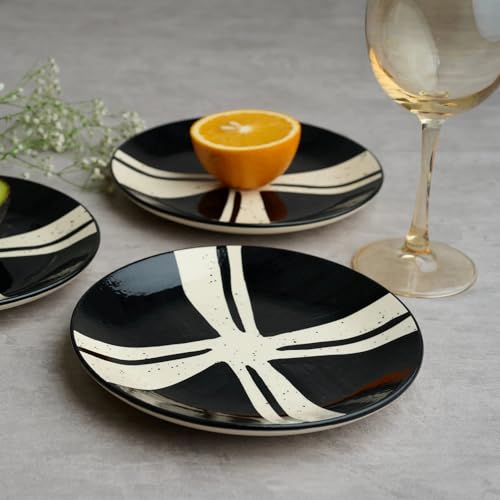 Image of BLACKCARROT Ceramic Quarter Plates Small Dinner Plates Set of 6 Handcrafted Stoneware Black Splash & Serving Platter for Snacks & Dessert Microwave and Dishwasher Safe -Size 7.5 Inches