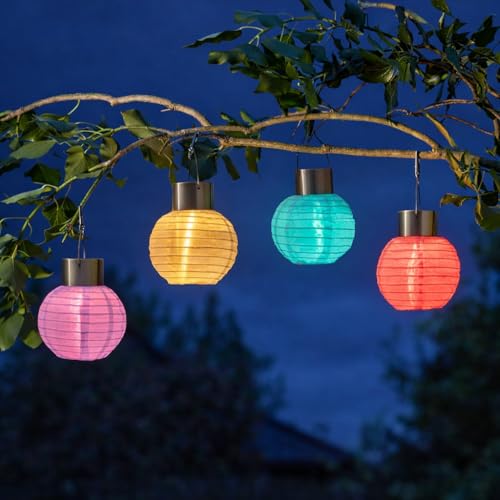 Festive Lights - Lot de 4 Lanternes Chinoises Solaires de Jardin - Hauteur 11cm - Multicolore Nylon - LED Blanc Chaud - IP44 - Suspension Extérieure pour...