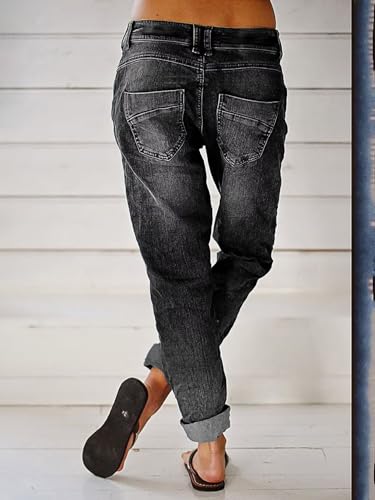 Image of Flamingals Women's Straight Leg Jeans Mid Rise Button Fly Stretchy Wash Stitch Detail 90s Casual Trendy Denim Jeans