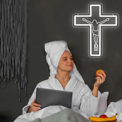Image of Jesus Saves Crucifix Neon Signs Dimmable Cross Neon Llight Christian Easter wall decor for Home, Sacred Spaces, Prayer Rooms Gift Art-14.5 x 12.2IN-USB Powered-Acrylic