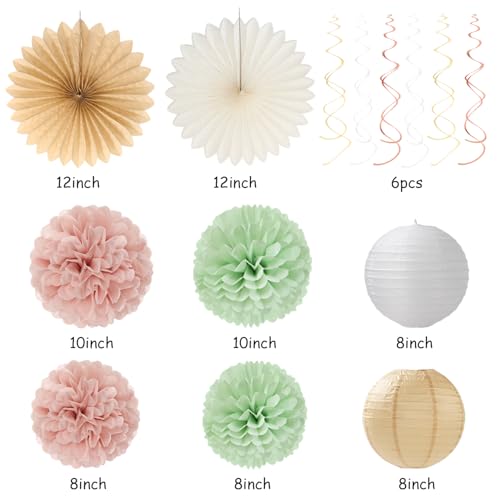 Image of Sage-Green Pink-Beige Baby-Shower Party-Decorations - 36pcs Welcome Home Banner Sign,Girl Paper Lanterns,Neutral Streamers Garland,Boho Tissue Pom Poms Flowers Fans Backdrop Decor Burgleda