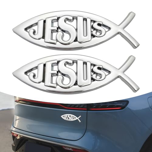 Zikefest 2PCS Jesus Fish Decal Sticker, 3D Car Jesus Christian Fish Symbol Decal, Waterproof Car Decoration Sticker, Trunk, Bumper (Silver)