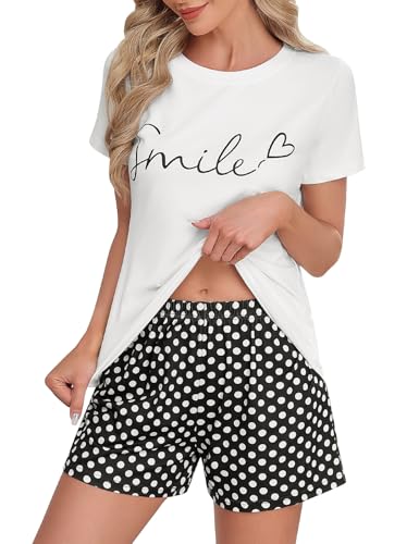 UMIPUBO Pijama Mujer Verano Manga Corta Conjunto Pijamas Dos Piezas Cuello Redondo Estampado Top y Punto de onda Pantalón Corto Cintura Elástico Suave y Cómodo Ropa de Casa Dormir Casual (Blanco, XXL)