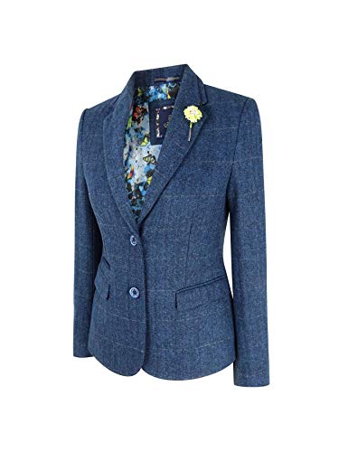 Women Navy Blue Blazer Tweed Check 1920'S Tailored Fit Vintage - Blue 10 #TOP3