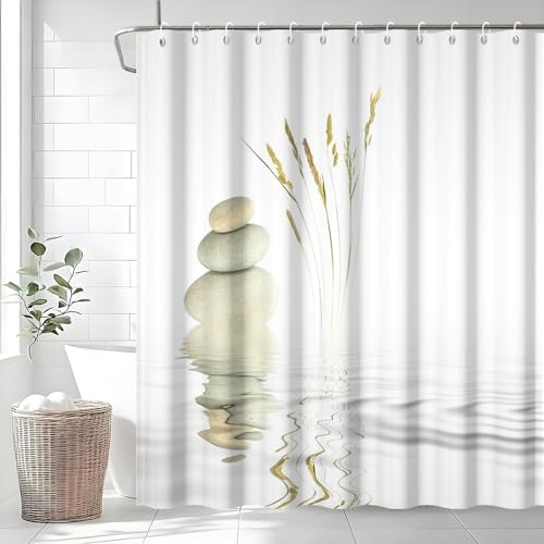 Uiiooazy Rideau Douche Spa, Rideau Douche Anti Moisissure 180x180cm Zen Gris Pierre Japonais Méditation Cailloux Rideaux de Baignoire Imperméable Tissu...